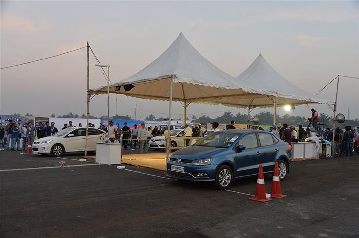The 128hp Hyundai Verna 1.6 CRDI powers away from the 110hp VW Ameo TDI during the shootout.